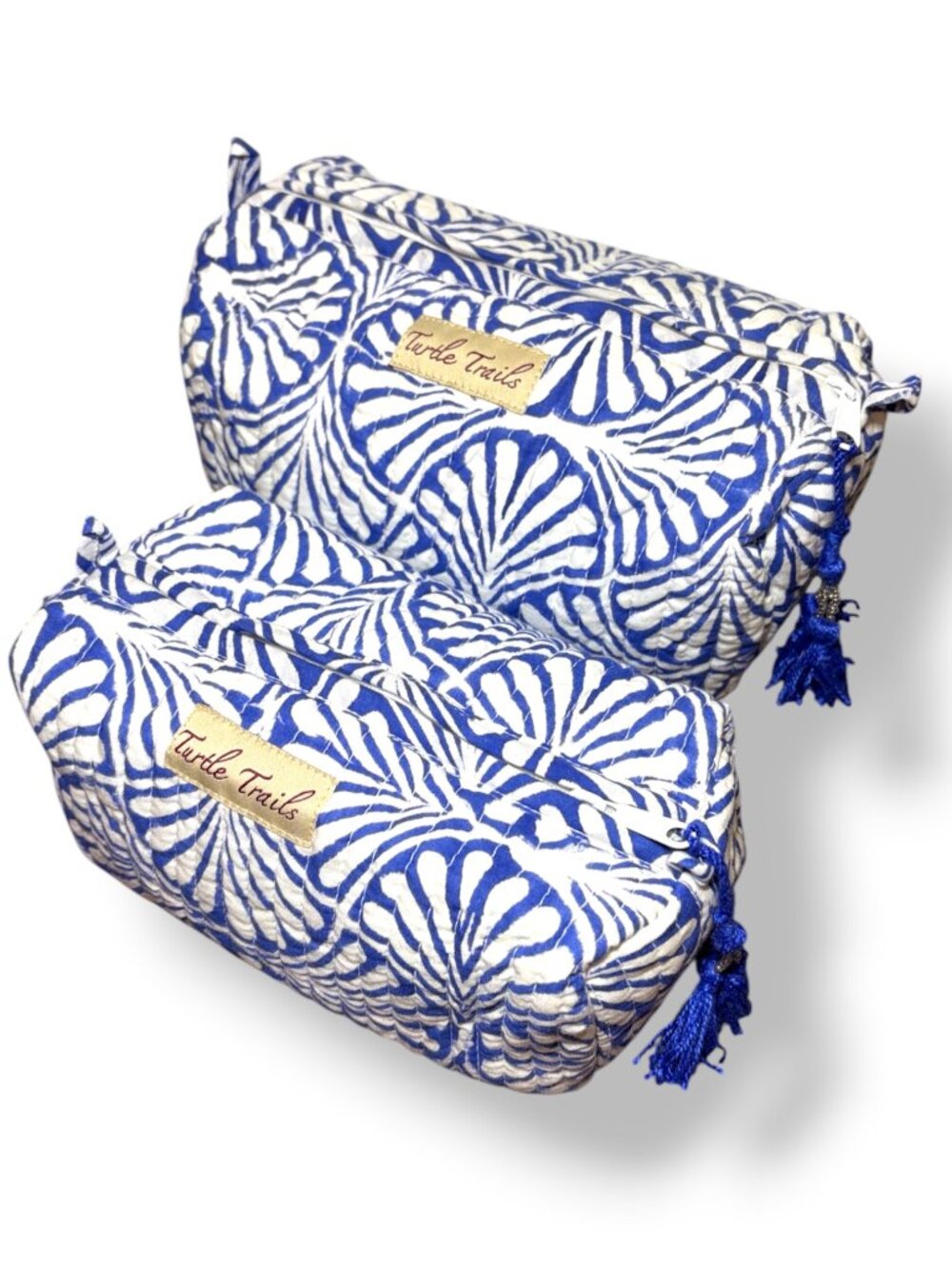 Blue & White Fan Shell Quilted Cotton Block Print Makeup Pouch Bag Set of 2
